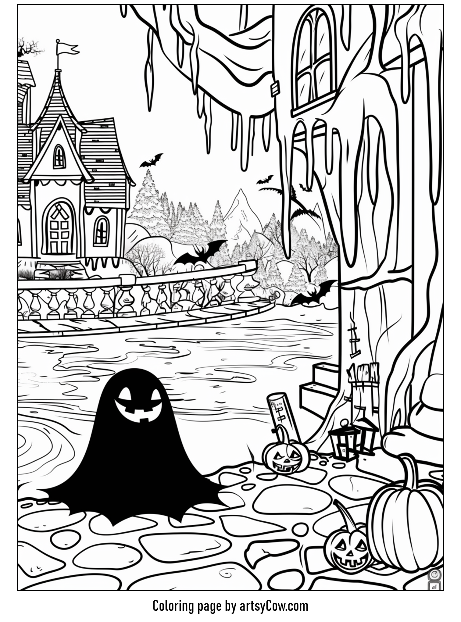 a shadowy ghost and a haunted house by a creepy waterway